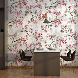 Pink Blooming Tree Branches Wallpaper, Floral Wallpaper Self Adhesive Peel and Stick Wall Mural Cherry Blossoms Self Adhesive Decal