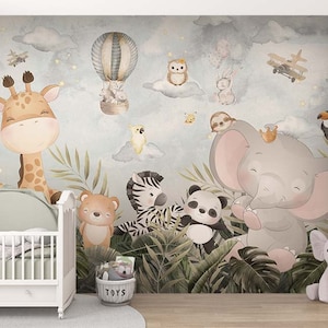 Papel de parede de quarto infantil com folhas tropicais, pequenos animais fofos, bebê leão, elefante, girafa, panda, balões voando em nuvens, papel de parede autoadesivo