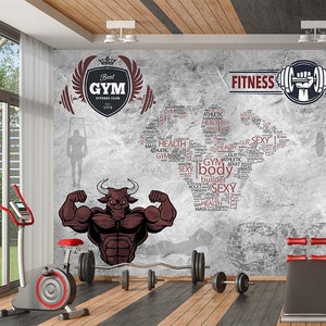 Body building fitness Gym Wallpaper, Wallpaper Of Muscular Bull And Sports Equipment On Gray Background, Adhesive Wallpaper