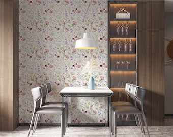 Pink & Purple Floral Wallpaper, Small Flowers on White, Peel and Stick