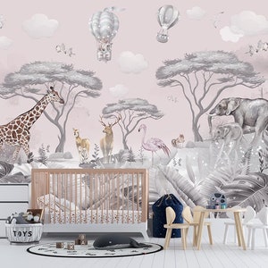 Tropisch bos wilde dieren kinderkamer behang, jungle safari dieren behang kinderkamer muur muurschildering Peel en Stick Wall Art