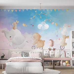 Papel pintado para habitación infantil de animales acróbatas caminando sobre la cuerda floja, papel pintado para habitación de niños, elefante, oso, erizo, conejos y pájaros voladores
