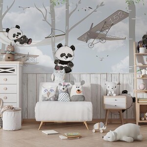 Pandaberen spelen in de boom Kinderkamerbehang, Schattig Pandabehang tussen bamboebomen Dierenmuurdecoratie Verwijderbaar