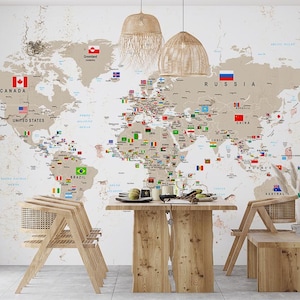 Detaillierte Weltkarte an rissiger Wand, bunte Flaggen-Weltkarte, moderne trendige Wandposter Bürowandkunst