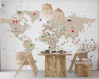 Detailed World Map Wallpaper, Colorful Flags, Modern Office Wall Art