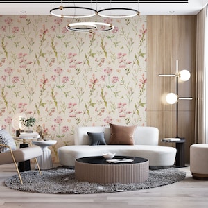 Papier peint floral sauvage aquarelle, décoration murale florale botanique douce, petit papier peint floral avec herbe, fleurs sauvages à peler et coller