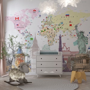 Carta da parati educativa con mappa del mondo per camerette dei bambini, mappa per bambini, icone di fama mondiale, animali, decorazione murale autoadesiva rimovibile
