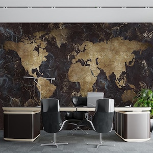 Carta da parati con mappa del mondo in oro nero, carta da parati con mappa del mondo, mappa del mondo politico, decorazione da parete con adesivo da parete autoadesivo staccabile e incollabile
