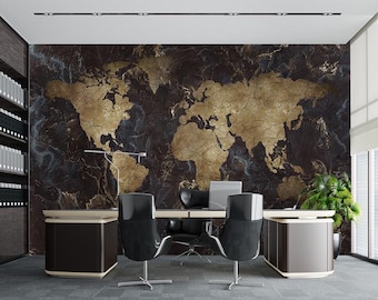 Black Gold World Map Wallpaper, Peel and Stick Wall Art