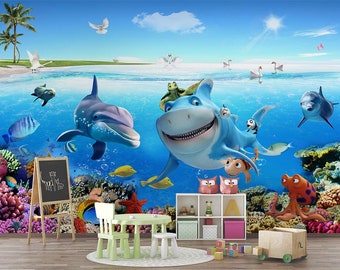Underwater World Kids Wallpaper, Cartoon Shark, Dolphin, Peel and Stick