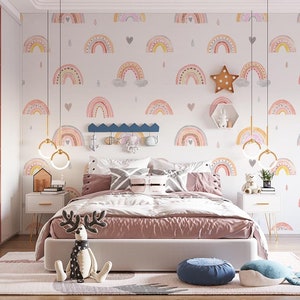 Carta da parati con cuore arcobaleno rosa per la cameretta dei bambini, carta da parati arcobaleno colorato, carta da parati dal design speciale, camera delle ragazze