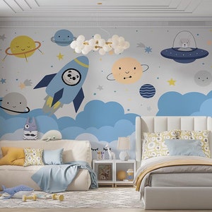 Carta da parati per bambini con motivi spaziali, Carta da parati per veicoli spaziali con stelle e pianeti, Carta da parati per bambini a tema spaziale, Decorazione murale alla moda