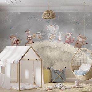Süße Tiere Elefant Fuchs Kaninchen Rlaying Musik auf dem Mond Wallpaper, süße Tier Wallpaper, Babyzimmer Wallpapers, Kinderzimmer