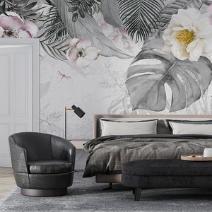 Papier peint fleurs roses et vertes sur fond gris, papier peint floral Papier peint amovible Papier peint autocollant Papier peint autocollant