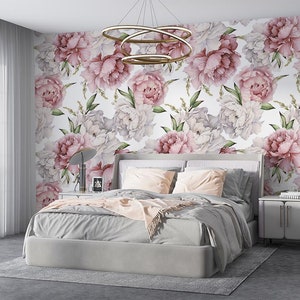 Papier peint rose blanc à grandes fleurs, papier peint floral moderne, papier peint floral pivoine rose pâle et blanc auto-adhésif