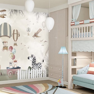 Zebra Giraffe Koala Vliegende Vogels Kinderkamer Behang, Schattige Dieren En Vliegtuigen Behang in Vliegende Ballon Zelfklevende Schil en Stok