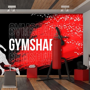 Fitness Gym written Wallpaper, Fitness center backdrop Exercise motivation wallpaper, black red gym wallpaper self adhesive