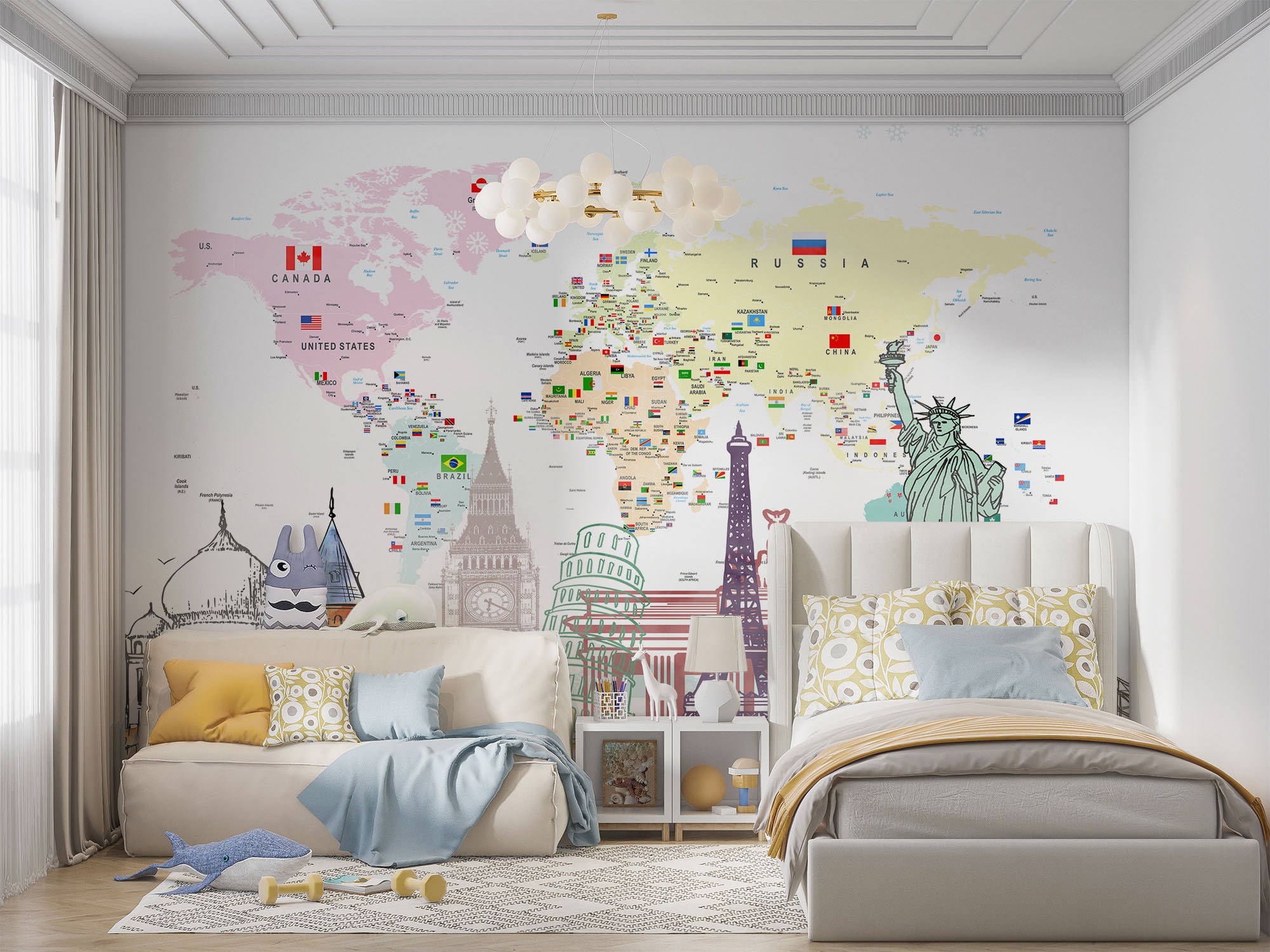 Educational World Map Wallpaper for Kids Rooms, Kids Map World Famous ...