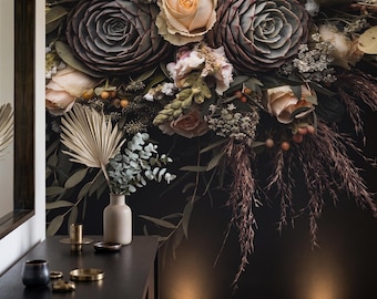 Papel pintado floral de peonía oscura, fondo negro, despegable y adhesivo.