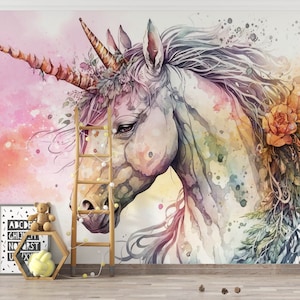 Carta da parati colorata con unicorno, carta da parati adesiva rosa per la camera dei bambini, carta da parati per bambini, carta da parati regalo