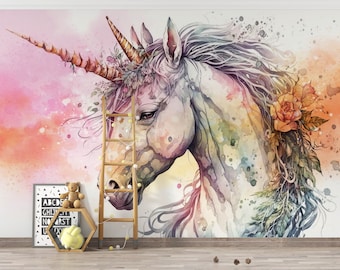 Watercolor Unicorn Wallpaper, Peel and Stick, Kids Room