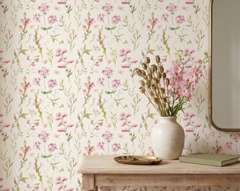 Tapeta z akwarelowymi kwiatami polnymi, miękka fototapeta botaniczna, do odklejenia i przyklejenia