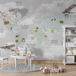 Papier peint carte du monde pour enfants avec avions sur fond gris, papier peint carte du monde, décoration murale autocollante