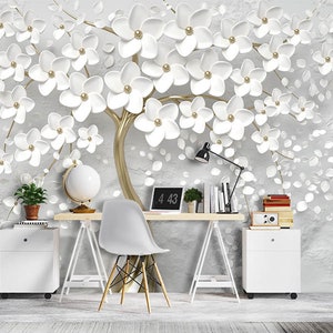 Carta da parati 3D con fiori bianchi, albero di fiori 3D con corpo di albero dorato - Carta da parati floreale 3D adesiva