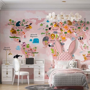 Rosa Weltkarte für Mädchen, Cartoon-Stil mit niedlichen Tieren, selbstklebende, lehrreiche Weltkarten-Tapete für Kinderzimmer