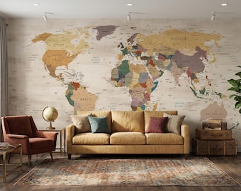 Cream Tones World Map Wallpaper, Detailed Peel and Stick Wall Decoration