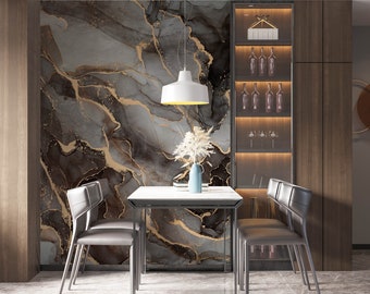 Brown Black Gold Marble Wallpaper, Modern Abstract Mural, Adhesive Wallpaper