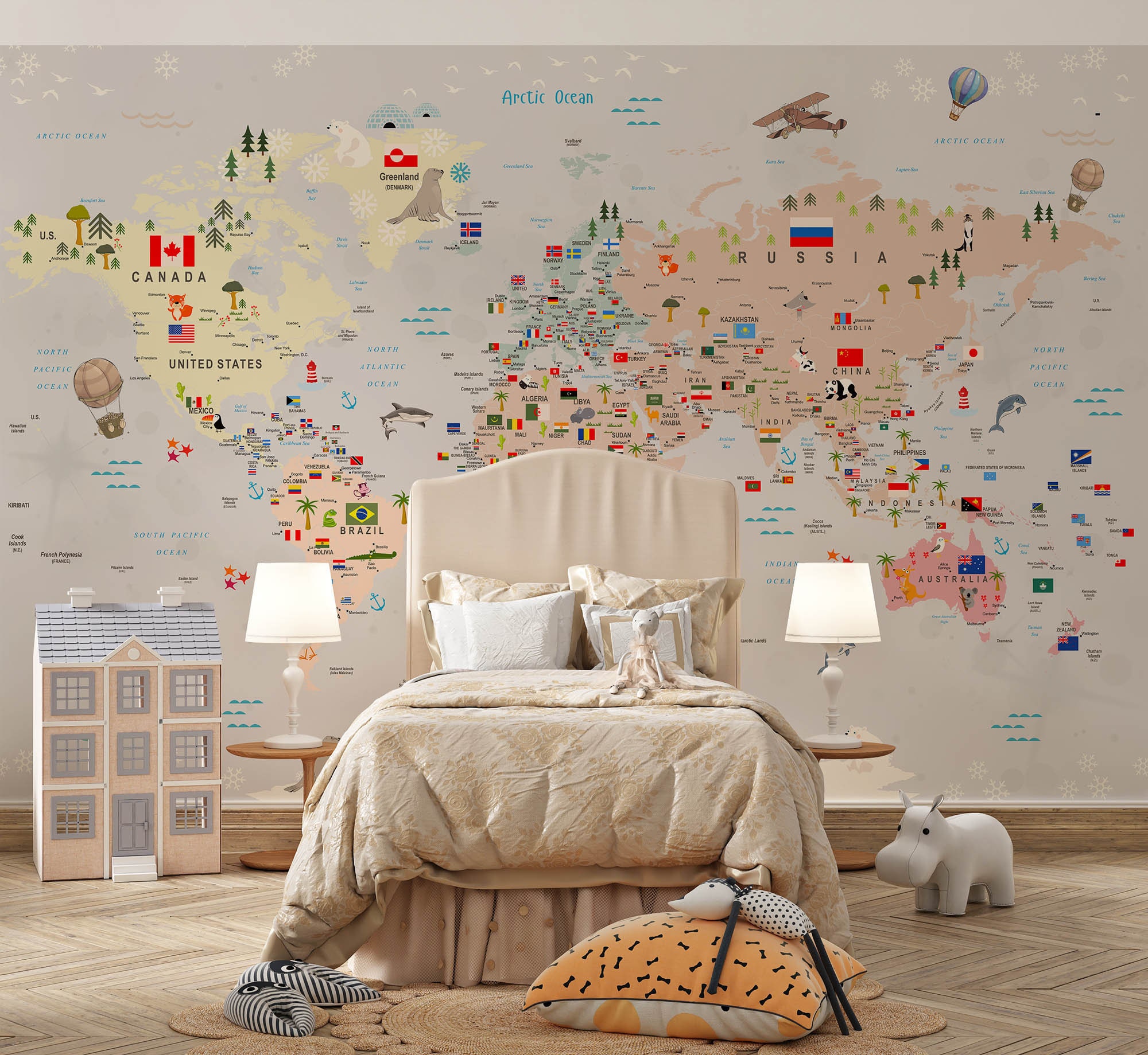 Kids World Map Wallpaper, Country Flags and Animals, Gray Background - Etsy