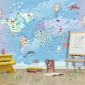 Carta da parati con mappa del mondo e palloncini volanti per la cameretta dei bambini, carta da parati educativa per bambini, carta da parati con mappa del mondo