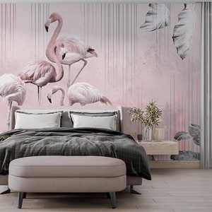 Roze flamingo tropische planten modern behang, pastelkleurige tropische natuur muurschildering, exotische jungle planten, verwijderbaar behang Peel and Stick