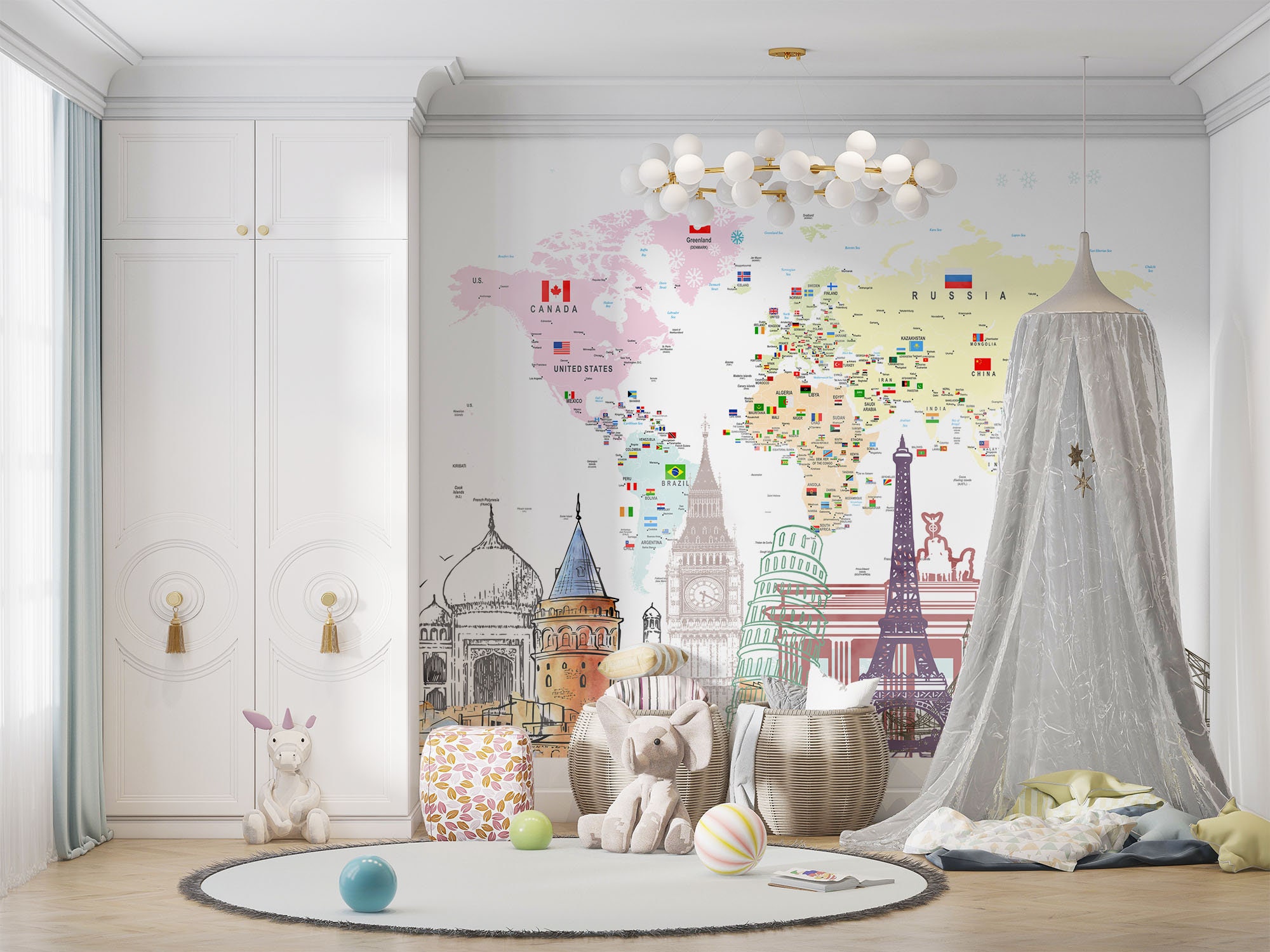 Educational World Map Wallpaper for Kids Rooms, Kids Map World Famous ...