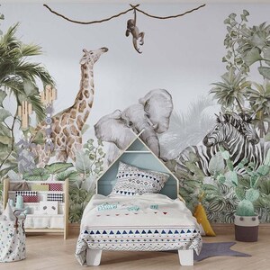 SAFARI Wallpaper For Children, Giraffe Elephant Zebra Monkey Tropical Exotic Trees Wallpaper Self-Adhesive Removable