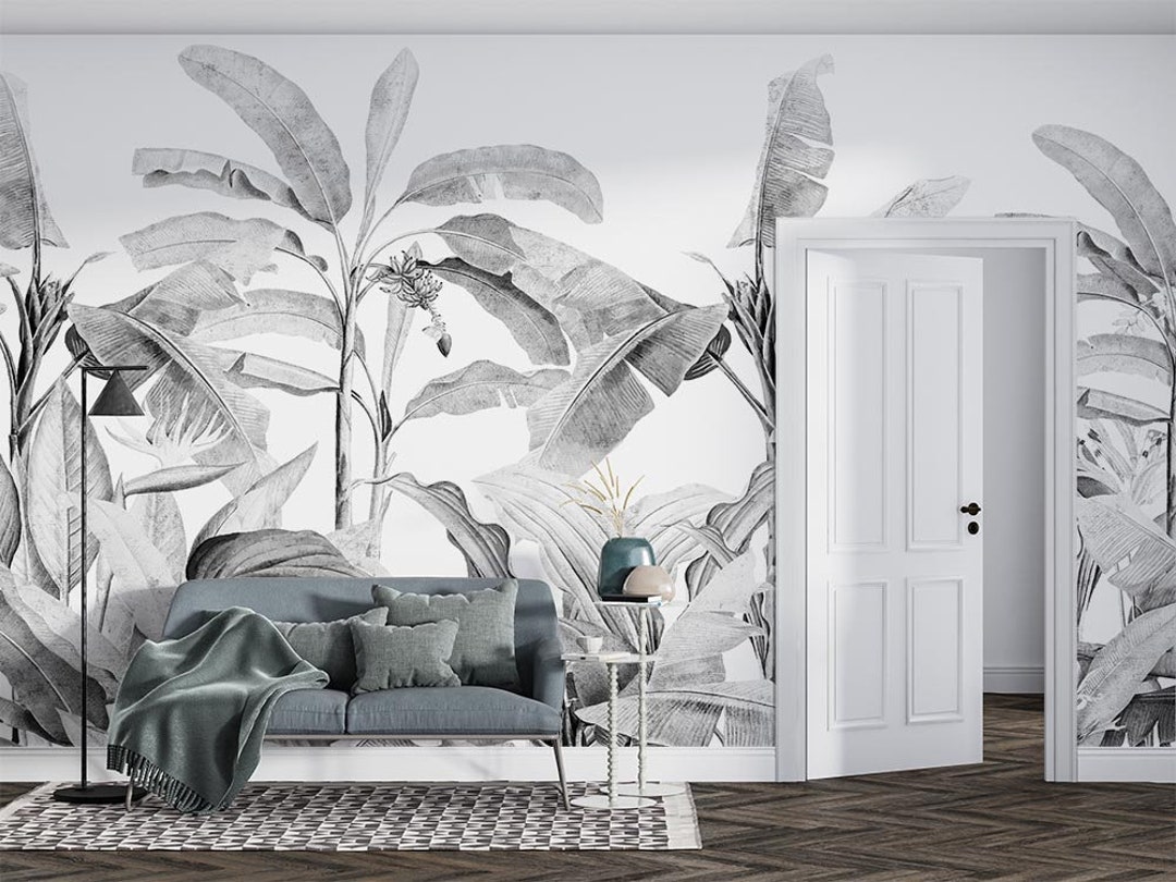 Black and White Tropical Leaves Wallpaper Etsy