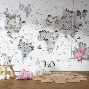 Weltkarte Tapete für Kinderzimmer, Kinder Karte Welt berühmte Icons Tiere Wandbild selbstklebend entfernbare Kinderzimmer
