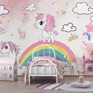 Carta da parati arcobaleno colorato, carta da parati con unicorno, stelle con cuori bianchi rosa, carta da parati per la camera delle ragazze
