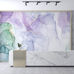 Purple Green White Marble Wallpaper, Marble Pattern Abstract Art Wall Mural, Peel and Stick Marble Texture Modern Wall Mural
