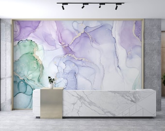 Purple Green Marble Wallpaper, Abstract Art Peel and Stick Wall Mural