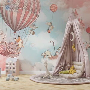 Niedliche Tiere im fliegenden Ballon-Kinderzimmer-Tapete, rosa blaue Wolken, Hasen in Luftballons, Tapete, selbstklebend, abnehmbar