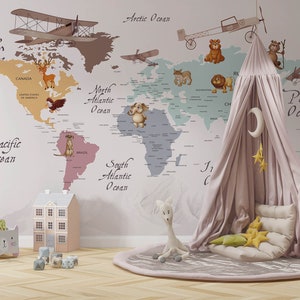 Carta da parati educativa con mappa del mondo per bambini con figure di animali, carta da parati educativa per bambini, carta da parati con mappa del mondo per bambini