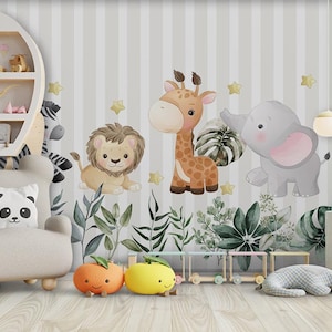 Tropische safari kinderkamer behang, zebra leeuw giraffe olifant grijs witte strepen behang zelfklevende peel en stick muur muurschildering