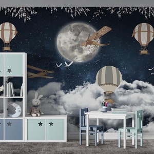 Palloncini volanti notturni Carta da parati per bambini, Immagine di uccelli che volano sulle nuvole, Viaggio notturno in aereo verso la luna e le stelle, Palloncino caffè