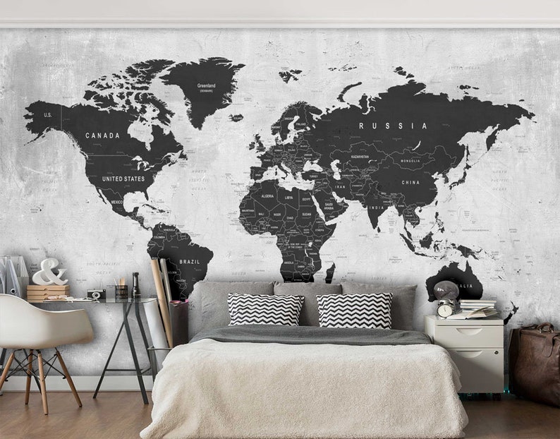 Dark World Map Wallpaper on Gray Background, Gray World Map Wallpaper