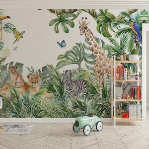 Papel de parede de plantas da floresta tropical, papel de parede exótico para quarto infantil, leão, girafa, elefante, borboleta, animais da floresta selvagem, papel de parede em cores vibrantes