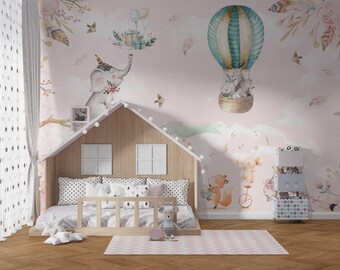 Animals in Balloon Wallpaper, Pink Clouds, Kids Room, Peel and Stick