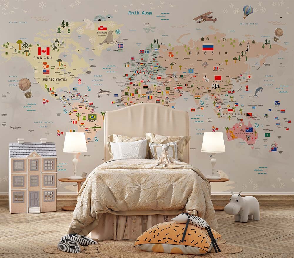 Kids World Map Wallpaper, Country Flags and Animals, Gray Background - Etsy
