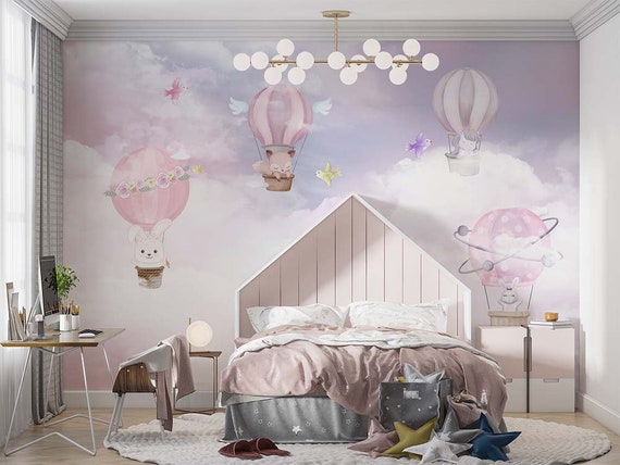 Cute Animals Hot Air Balloon Wallpaper, Pink Purple Cloud Kids Room